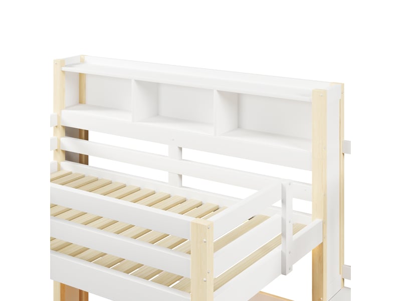  Lit mezzanine 90 x 200 cm avec rangements intégrés, éclairage led, échelle ou escalier intégré, en bois de pin – blanc et naturel, matelas non inclus  - Conforama E
