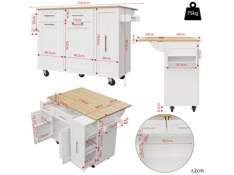 Desserte cuisine, îlot central sur roulettes avec plan de travail, plateau extensible, dimensions 110 x 46 x 90,5 cm, mdf, blanc - Conforama C