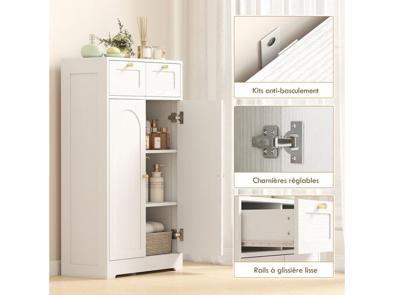  Meuble de salle de bain meuble de rangement avec 2 tiroirs double porte arquée étagères réglables blanc 60x30x108cm  - Conforama W