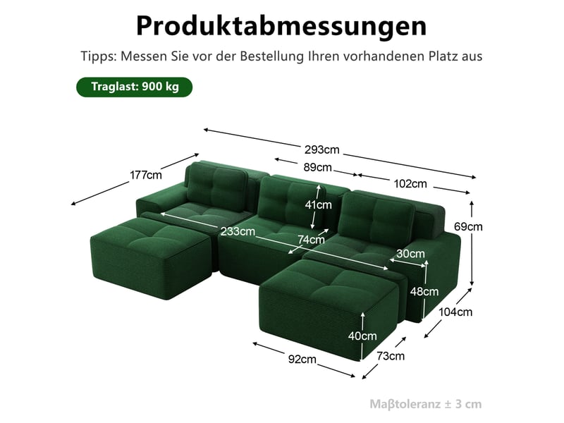Canapé modulaire 3 places en velours côtelé vert avec ottoman - Conforama E