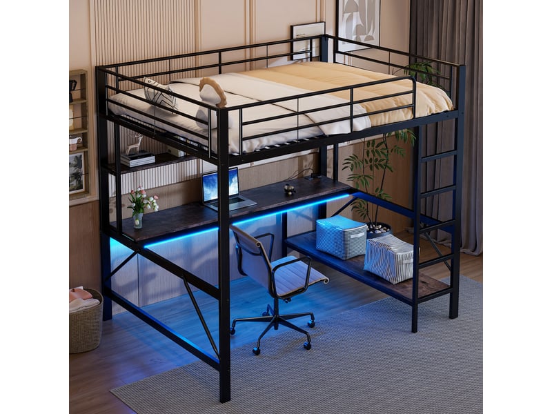  Lit mezzanine enfant 140 x 200 cm avec bureau et étagères, structure en métal et mdf noir  - Conforama B