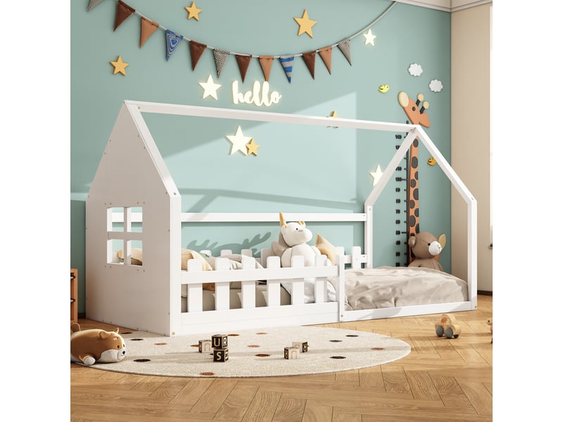  Lit cabane enfant 200×90 cm avec structure en forme de maison et 7 lattes, en pin et mdf blanc  - Conforama C