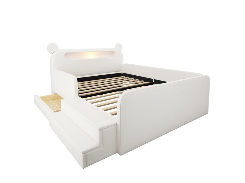 Lit enfant 140x200 cm en similicuir blanc, tête de lit ours, veilleuse, usb et rangement - Conforama A