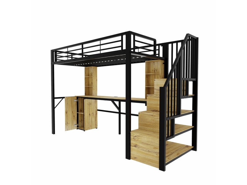  Lit mezzanine 90x200 cm en métal noir avec bureau, armoire, escalier et usb  - Conforama E