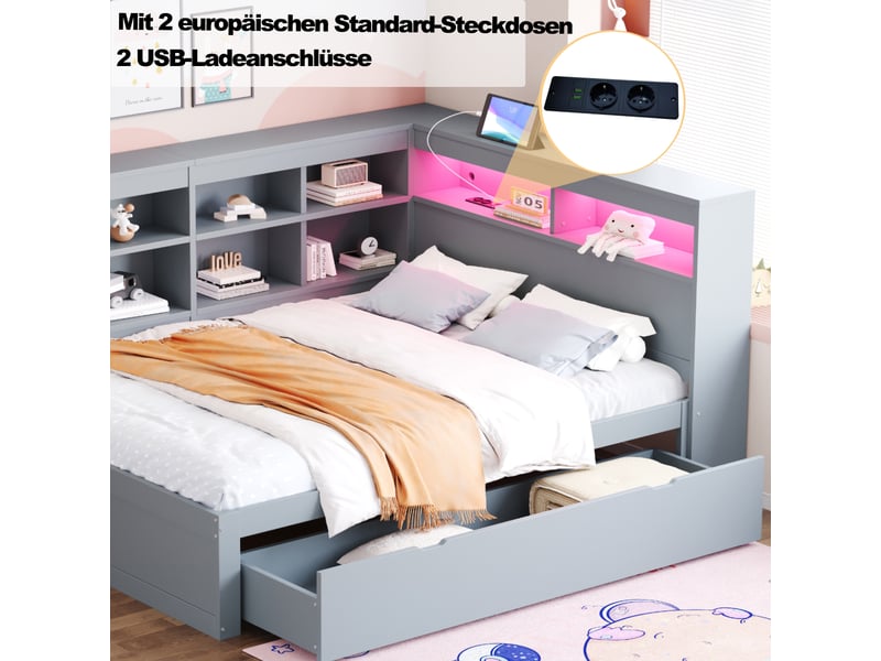  Lit coffre 140x200 cm avec rangements, led et usb, pin gris, sans matelas  - Conforama E