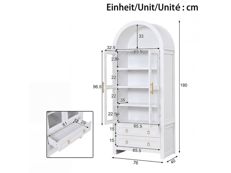  Vitrine haute 76x40x180 cm, éclairage led, portes vitrées, 2 tiroirs, design arqué, usb, rangement pour salon et séjour - blanc  - Conforama C