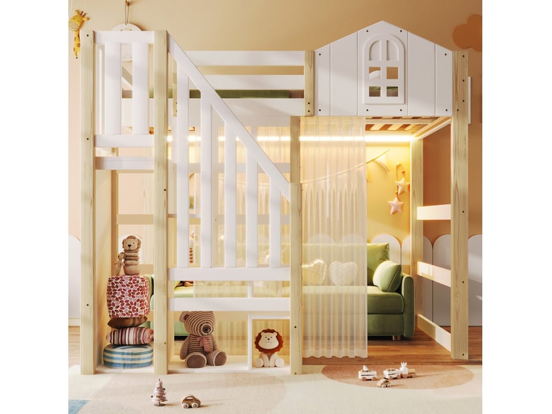  Lit mezzanine enfant 140x200 cm avec éclairage led, échelle de rangement, blanc et bois  - Conforama E