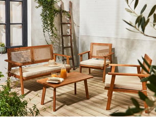 Salon de jardin. Bohémia. Cannage carré. Canapé 2 places. 2 fauteuils. 1 table basse 117x64x74 cm
