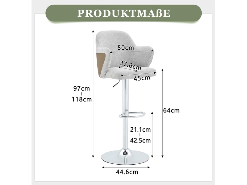  Tabourets de bar réglables lot de 2, chaise de bar, accoudoirs, pivotants 360°, confort moderne, structure métal, gris  - Conforama C