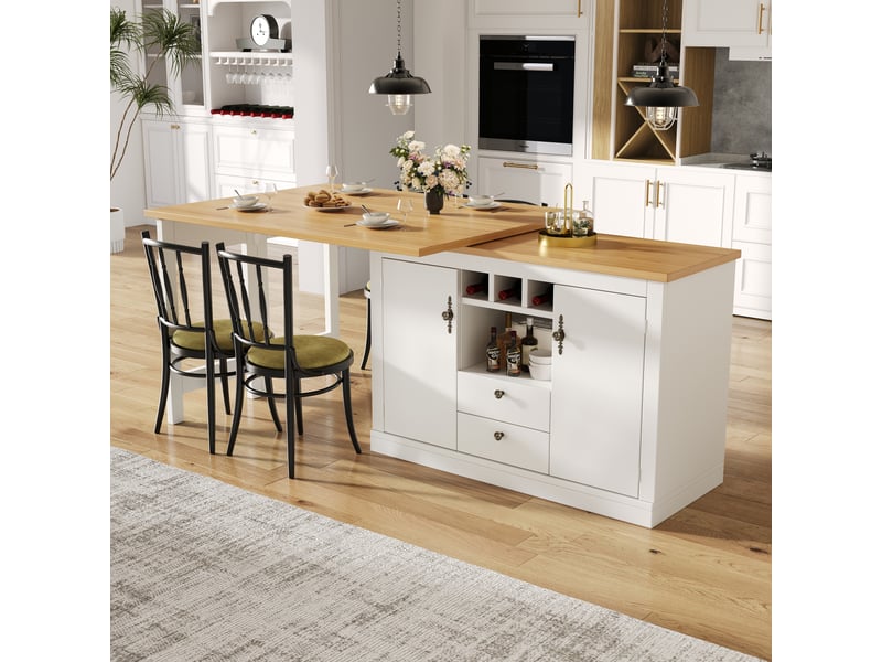 Meuble bar extensible 120-180 cm, rotatif 360° avec rangement et porte-bouteilles, mdf - blanc - Conforama B