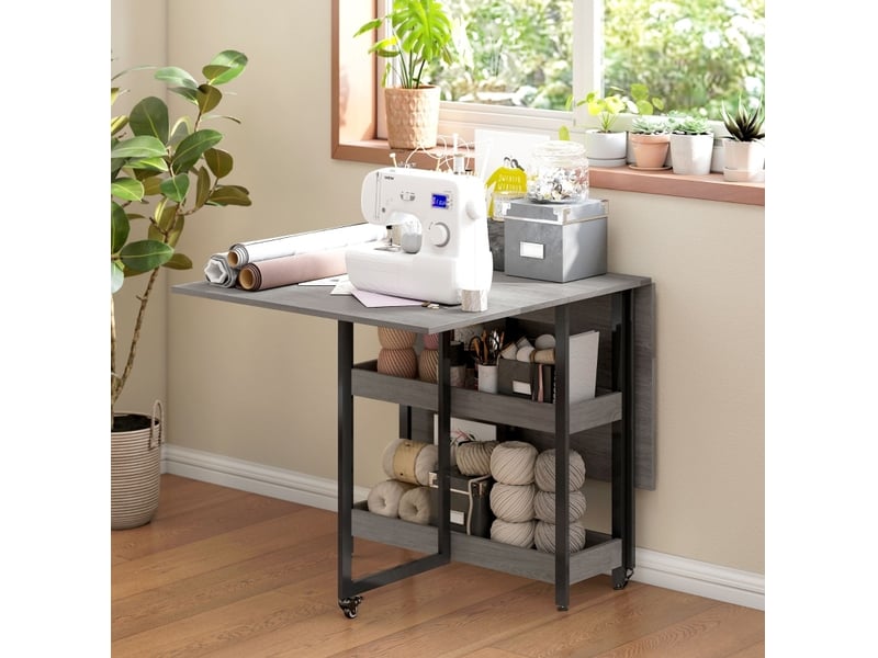 Table à manger pliante mobile 133,4 x 80 cm avec 2 rangements ouverts, grise - Conforama D