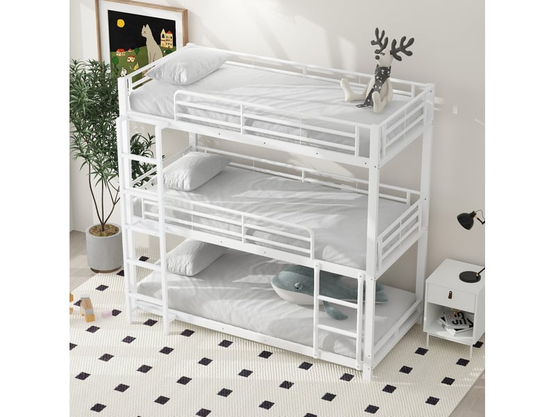  Lit superposé triple 90x200 cm en métal blanc avec échelle fixe  - Conforama D