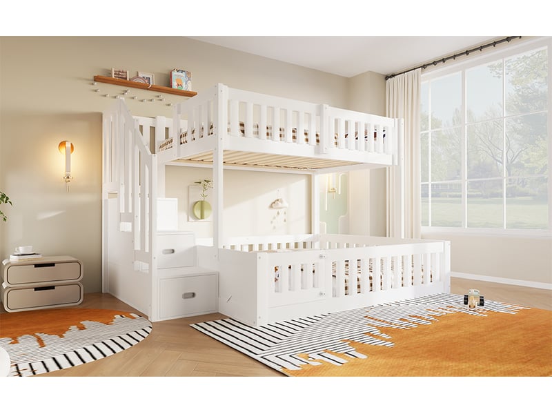  Lit superposé 90 × 200 et 140 × 200 cm, escalier de rangement, barrières et portillon sur le lit inférieur, blanc  - Conforama B