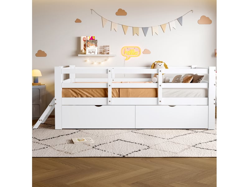  Modenvie lit enfant 90x200 cm - avec barrières de sécurité, 2 tiroirs, sans matelas - blanc  - Conforama D