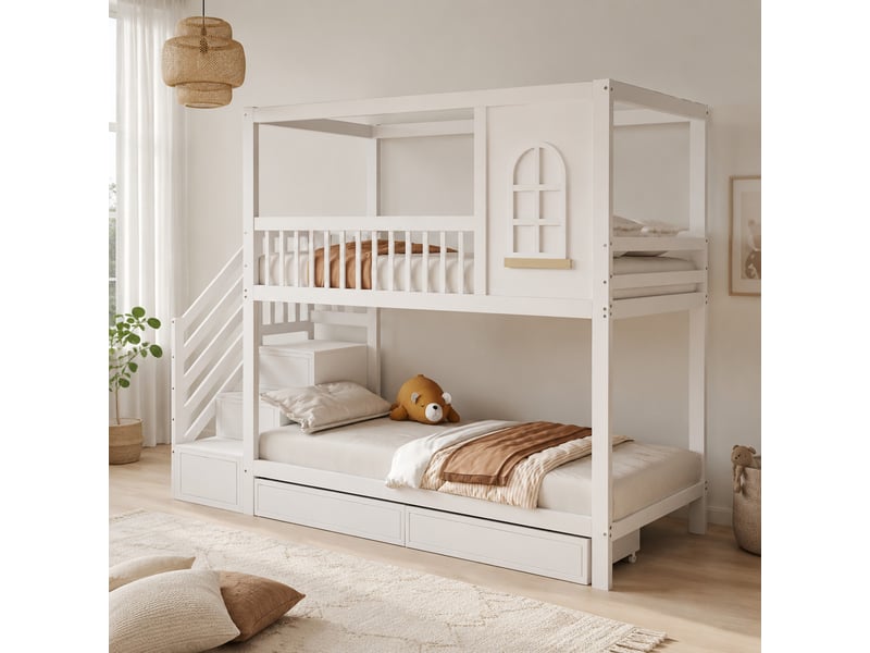  Lit superposé enfant 90 x 200 cm, forme maison avec fenêtres, échelle sécurisée et tiroirs, blanc et bois naturel  - Conforama B