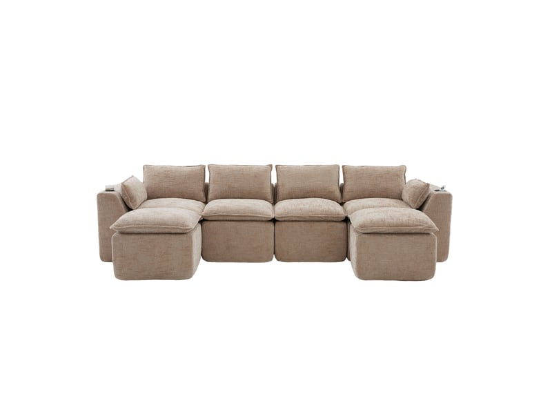 Canapé modulable 4 places en chenille kaki avec 2 poufs et porte-boissons - Conforama A
