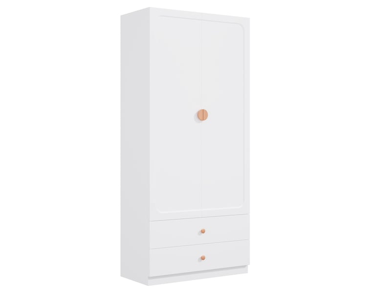  Armoire 90x45x200 cm avec 2 tiroirs, tringle et poignée en bois, coloris blanc, meuble de rangement chambre et dressing  - Conforama A