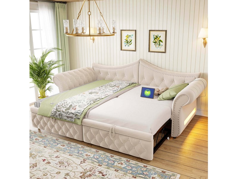Lit gigogne 90x200 cm, canapé-lit 3-en-1 extensible en velours beige avec led et usb, sans matelas - Conforama W