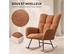 Fauteuil à bascule teddy marron, fauteuil rocking‑chair ergonomique avec dossier haut et accoudoirs rembourrés, base en bois massif, chaise de relaxation pour salon, chambre et chambre bébé