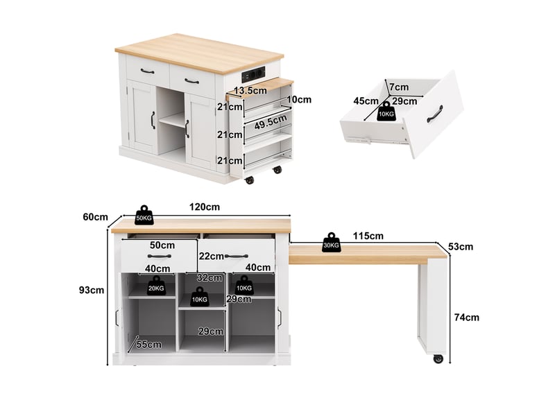 Îlot roulant 132(235)x60x93cm, table escamotable, bar coulissant, 7 roulettes, étagères réglables, rangement cuisine - Conforama C