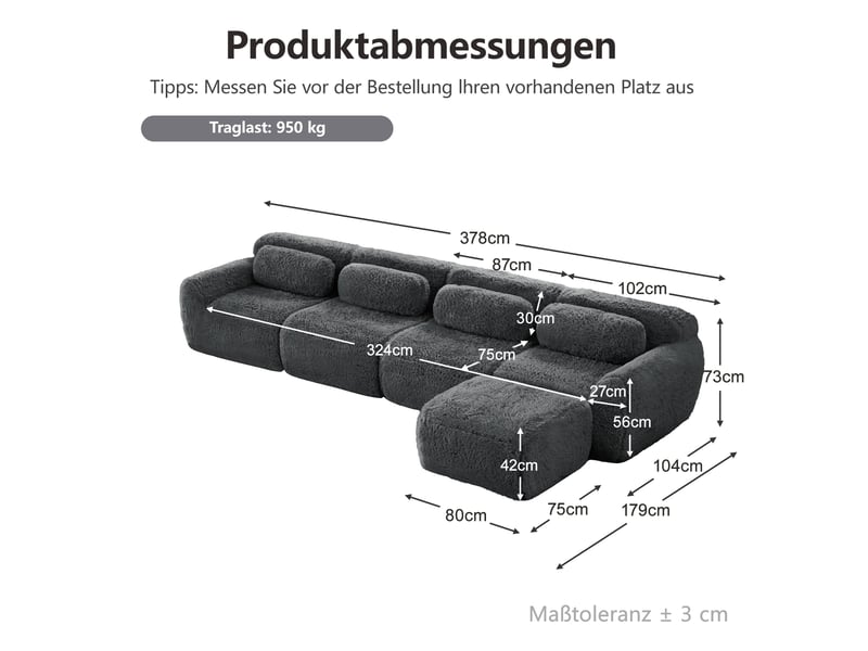 Canapé d'angle modulable 4 places gris tissu peluche sans montage design contemporain salon - Conforama C