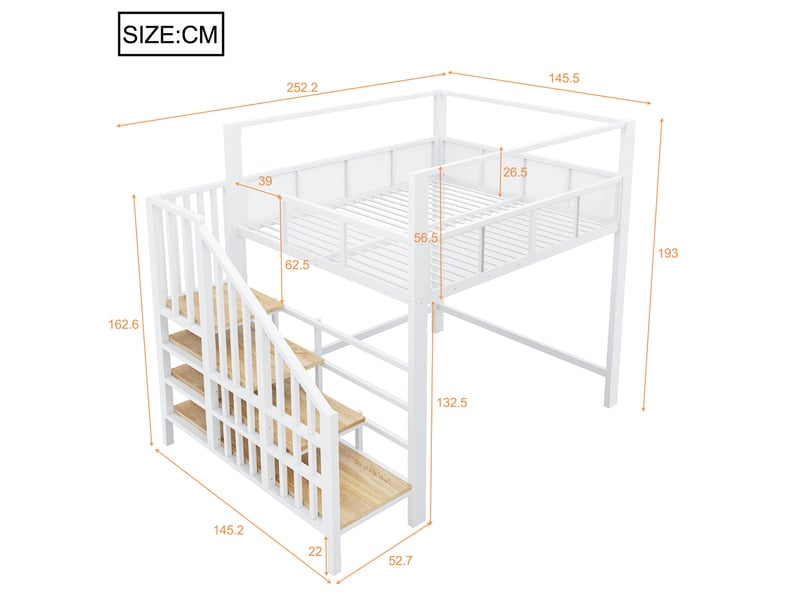 Lit mezzanine 140 × 200 cm 2 places avec escalier de rangement et baldaquin, sans matelas, en métal blanc - Conforama D