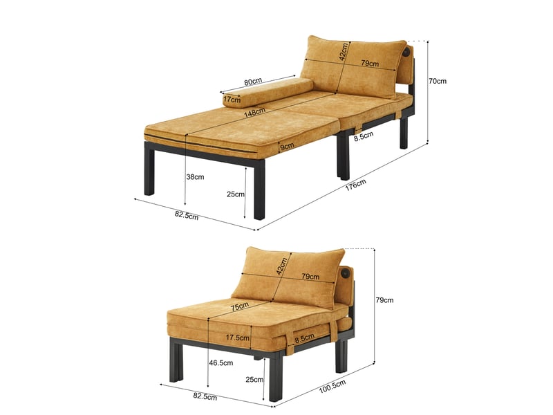  Canapé convertible 1 place en velours jaune avec port usb type-c, fauteuil-lit compact pour petit espace  - Conforama C