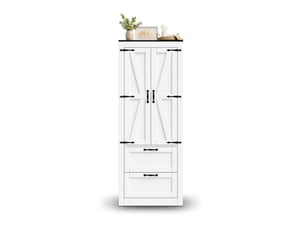 Buffet de cuisine haut blanc 60x30x168 cm, 2 portes et 2 tiroirs intégrés, meuble rangement cuisine