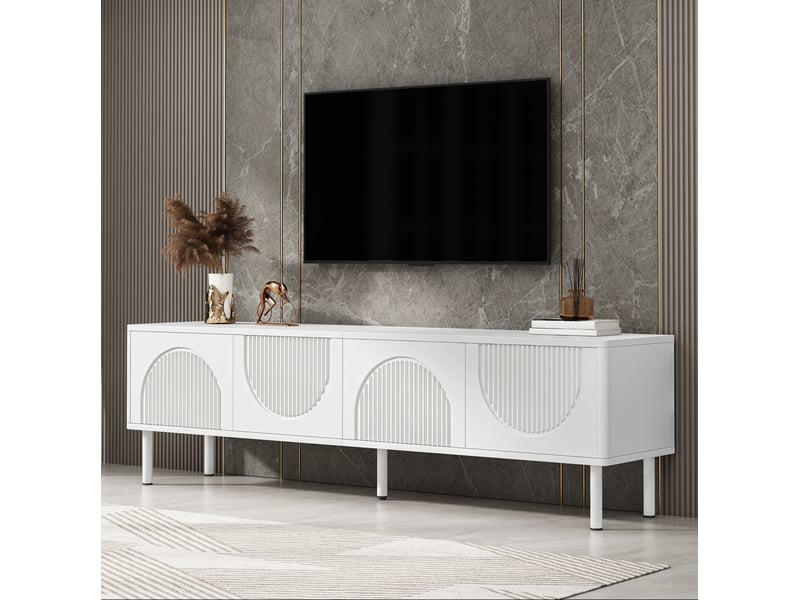  Meuble tv ulevr 180 cm avec 4 compartiments fermés et passe-câbles, mdf et panneaux de particules, blanc mat  - Conforama D