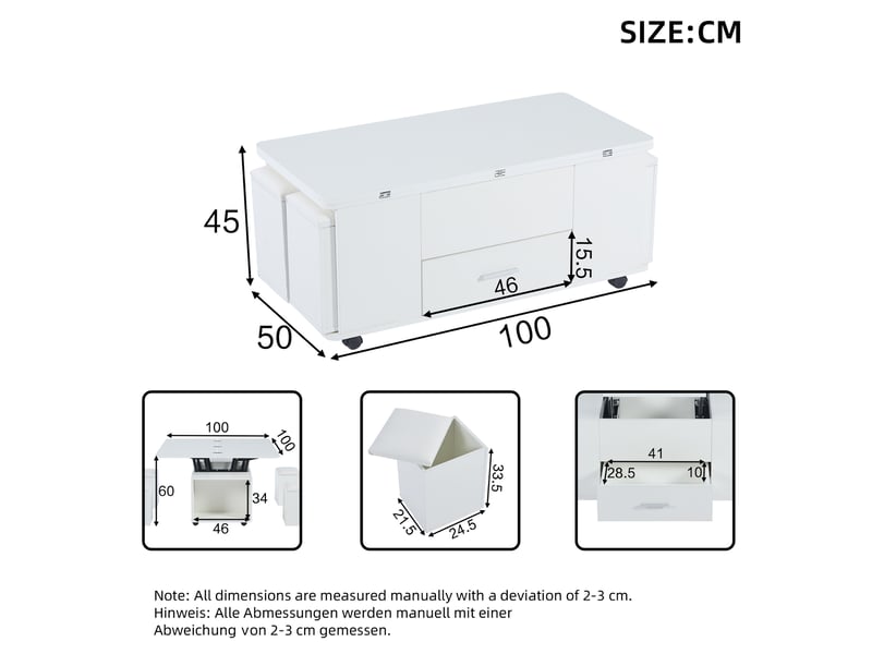  Table basse réglable en hauteur, table d'appoint mobile, table basse multifonctionnelle 4 en 1 transformable en table de salonsalle à manger, table basse avec tiroirs, avec 4 tabourets, blanche  - Conforama C