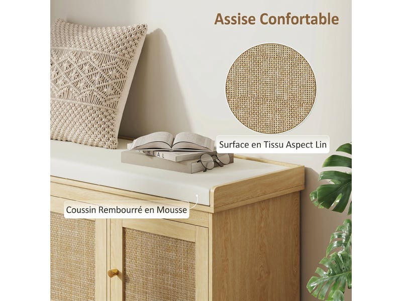  Banc à chaussures 3 portes en rotin avec coussin coloris chêne 105 x 35 x 47 cm  - Conforama E