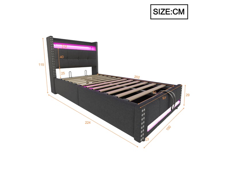 Lit enfant 90x200 cm avec rangement hydraulique, led et usb, tissu gris - Conforama E