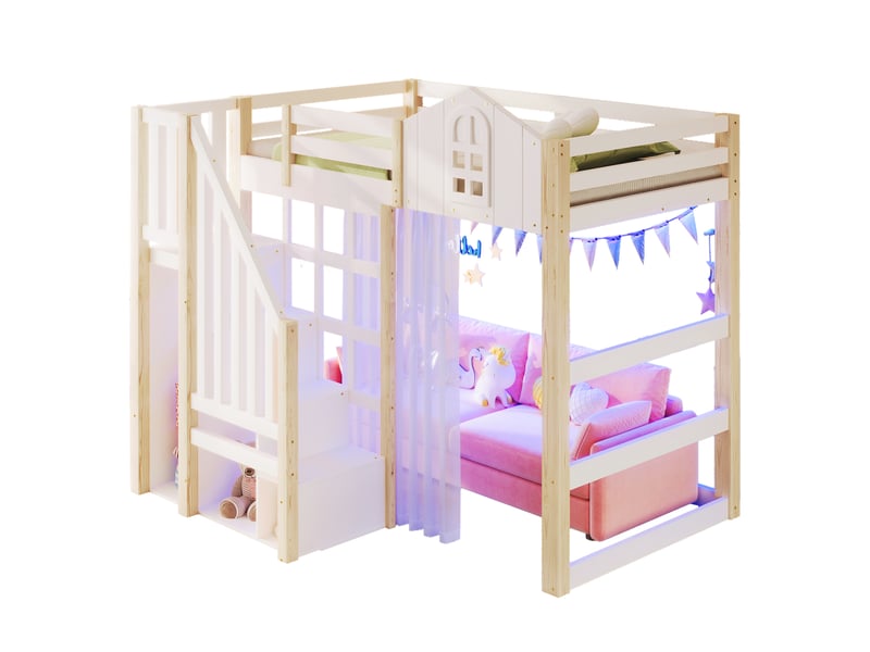  Lit mezzanine enfant 90 x 200 cm avec led, escalier de rangement, blanc naturel  - Conforama A