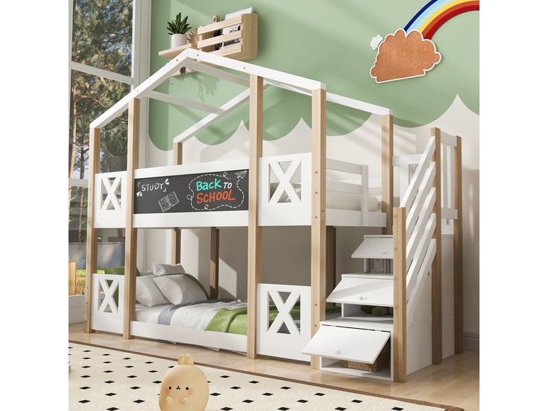  Lit mezzanine enfant 200×90 cm en forme de cabane avec escalier de rangement et tableau, sans matelas, blanc et naturel  - Conforama B