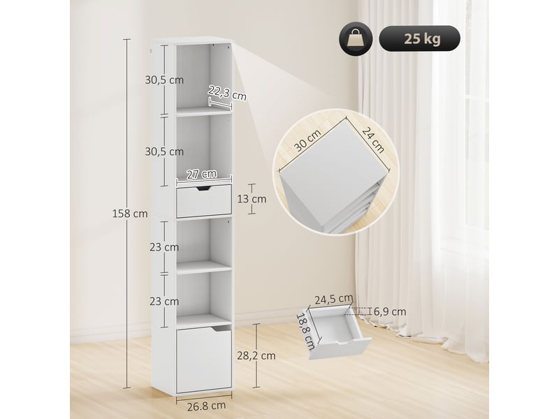  Bibliothèque, étagère à livres, meuble de rangement avec tiroir placard compartiments ouvertes, 30 x 24 x 158 cm, blanc  - Conforama E