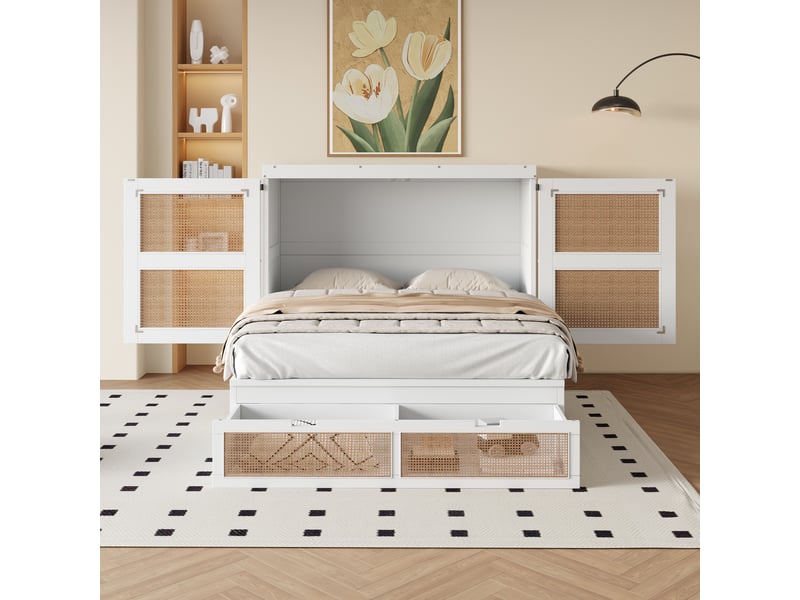  Lit armoire 140 x 200 cm en bois avec lattes, tiroirs et design rotin, blanc gain de place  - Conforama D