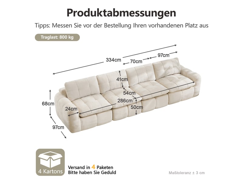  Canapé droit 4 places sans cadre, canapé modulaire, housse chenille, mousse 32d, assises larges et profondes, sans montage, beige  - Conforama C