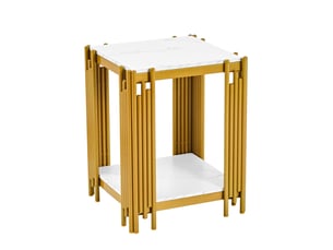 Table de chevet à 2 niveaux en mdf effet marbre, métal doré, blanc, 43 x 40 x 54,7 cm