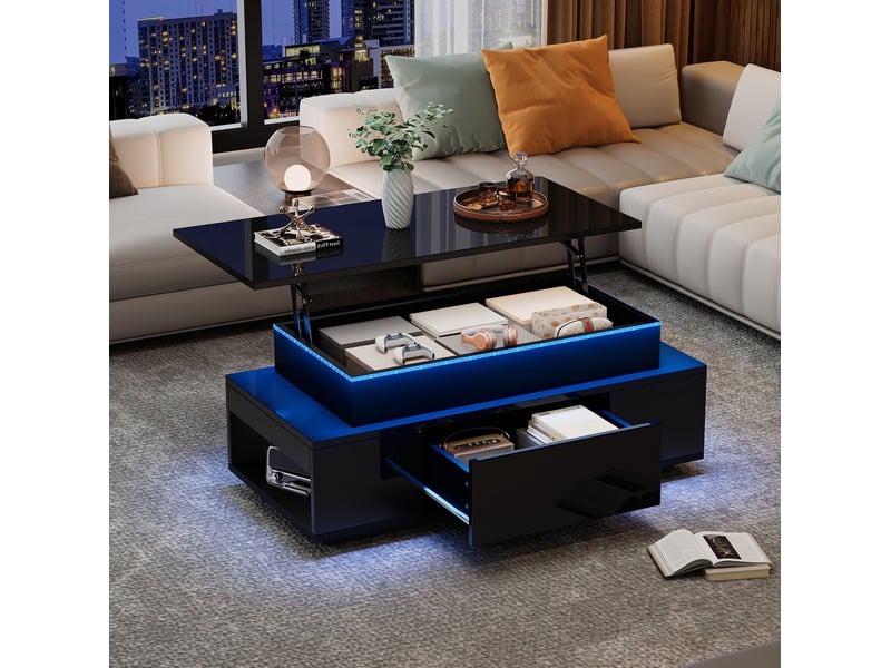  Table basse relevable 96x45x40 cm noire brillante avec led et rangement  - Conforama E
