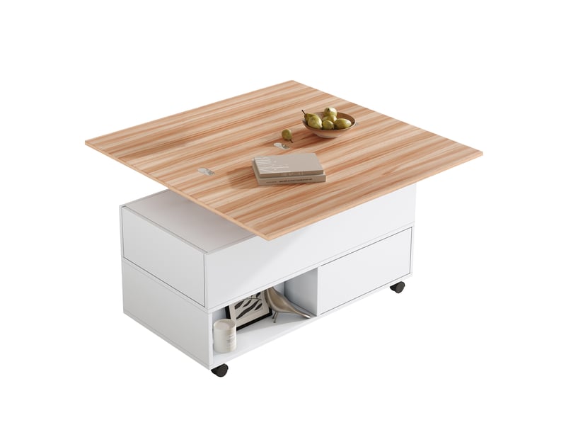 Table basse relevable et extensible 100x50cm, table de salon à roulettes avec 4 tiroirs, bois et blanc - Conforama R