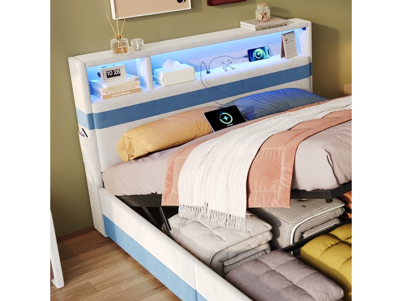  Lit coffre pour enfants 140x200cm - espace de rangement de grande capacité - avec éclairage led et un port de charge usb - tissu velours - blanc + bleu (sans matelas)  - Conforama R