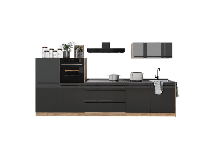  Vicco cuisine, anthracite haute brillancechêne doré, 340cm plan de travail anthracite  - Conforama E