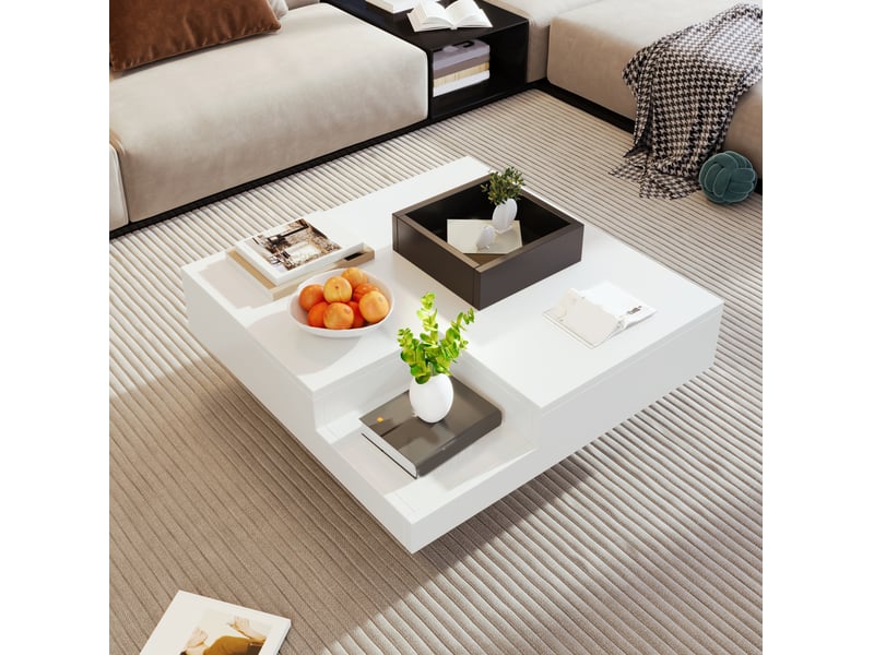 Table basse carrée avec 1 boîte de rangement amovible et led, style moderne, pour salon, 72 × 72 × 30 cm  - Conforama C