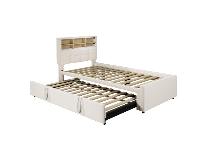 Lit de jour, 90 x 200 cm 180 x 200 cm, lit gigogne multifonctionnel, port de chargement usb type-c, compartiment de rangement ouvert, canapé-lit, lit une place, matelas non inclus, velours, beige - Conforama E