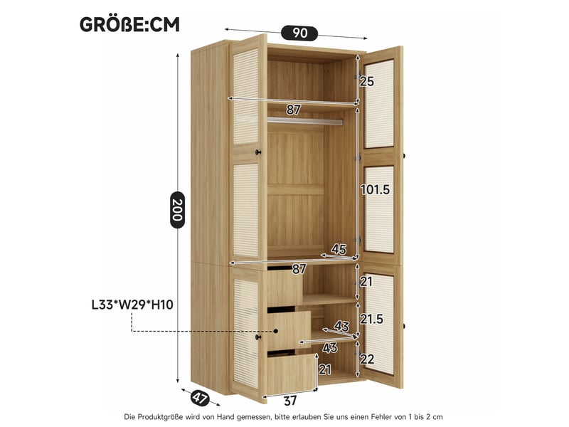  Armoire 90x47x200 cm à portes battantes, portes en rotin, 1 barre de penderie, 3 tiroirs, mdf, bois clair, dressing  - Conforama C