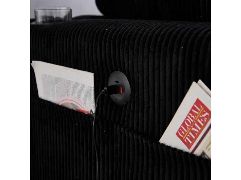 Canapé 2 places en velours côtelé noir, séparable en 2 fauteuils, 2 coussins, 4 porte-gobelets, 4 poches, usb  - Conforama D