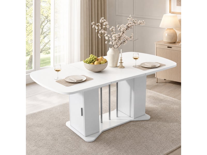  Table à manger extensible 120160x80 cm avec rangement en mdf blanc et pieds argentés  - Conforama D