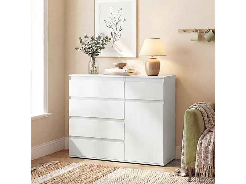 Buffet salon, meuble de rangement avec 5 tiroirs, étagère réglable et porte à fermeture douce, 100 x 40 x 80 cm, blanc - Conforama D