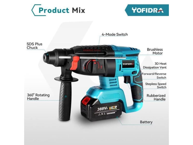  Marteau perforateur sans fil sds-plus 18v 4 modes 0-900 trmin 4700 bpm kit 2x1,5ah  - Conforama B