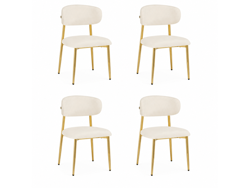 Lot de 4 chaises de salle à manger 51x50x81 cm, assise rembourrée, patins réglables, fer et polyester, blanc et doré - Conforama A